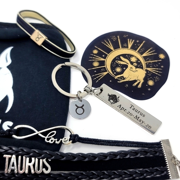 Taurus Zodiac ✦ Leather Bracelet Bundle ✦ Keychain Stickers Hair Tie & Mask NWT - Picture 6 of 12